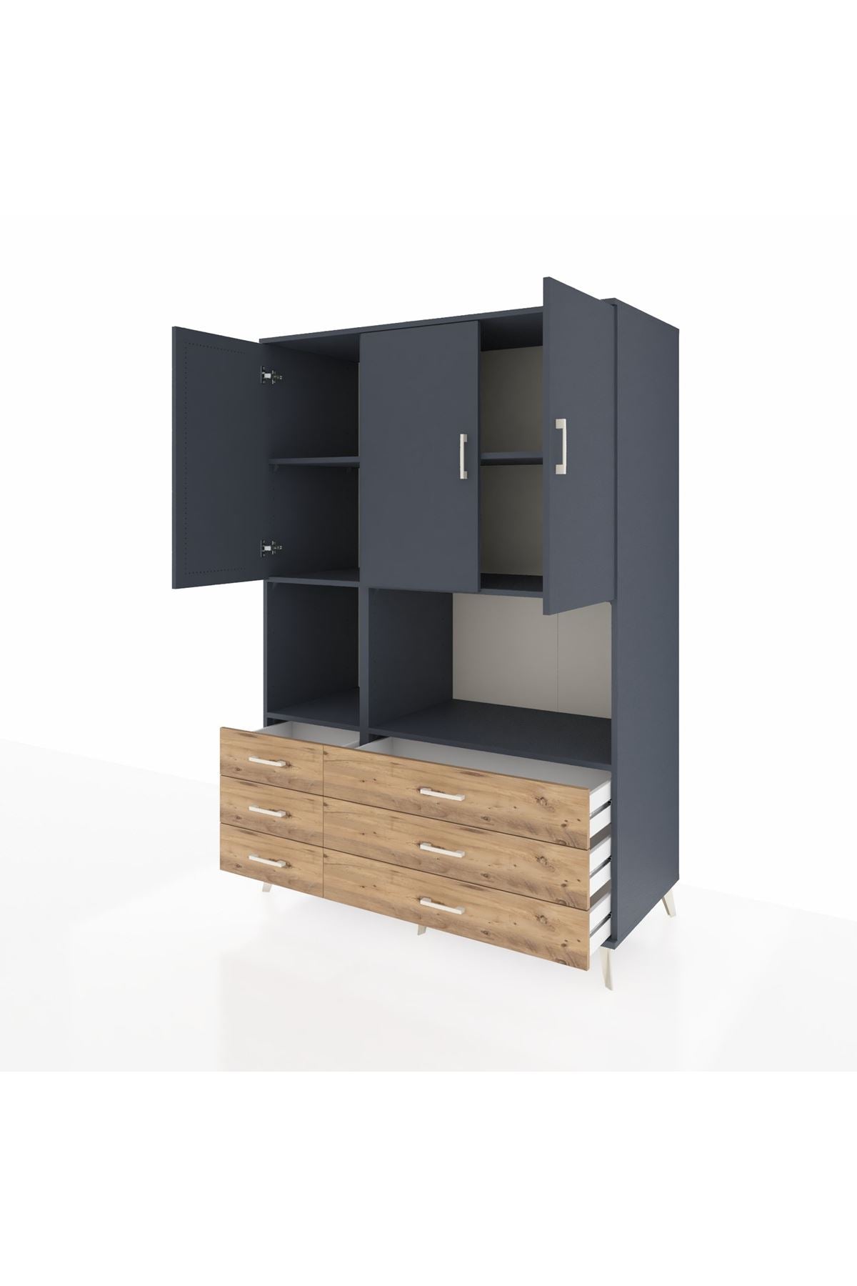 Kronos Dolap 6 Raflı 6 Çekmeceli 3 Kapaklı 132x59x195 Antrasit-Antrasit/Çam