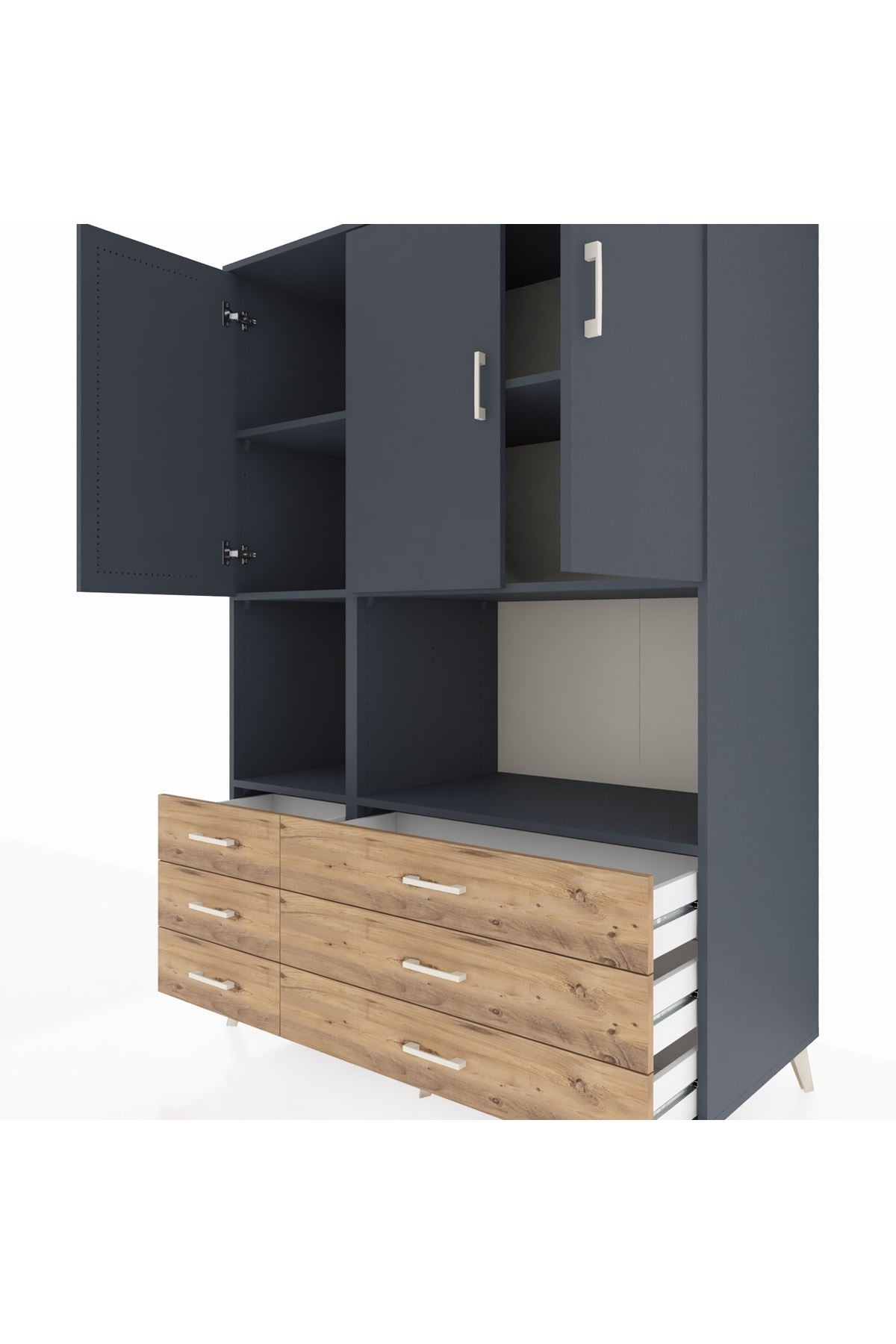 Kronos Dolap 6 Raflı 6 Çekmeceli 3 Kapaklı 132x59x195 Antrasit-Antrasit/Çam