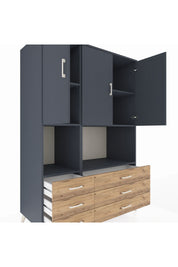 Kronos Dolap 6 Raflı 6 Çekmeceli 3 Kapaklı 132x59x195 Antrasit-Antrasit/Çam