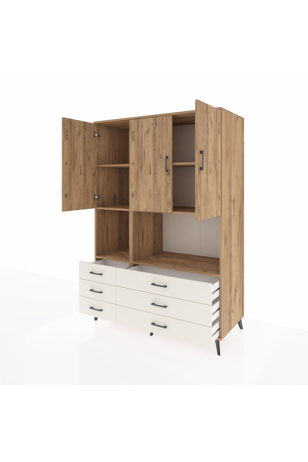 Kronos Dolap 6 Raflı 6 Çekmeceli 3 Kapaklı 132x59x195 Çam-Çam/Aytaşı