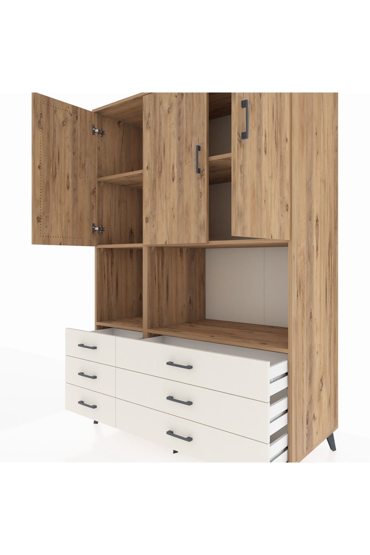 Kronos Dolap 6 Raflı 6 Çekmeceli 3 Kapaklı 132x59x195 Çam-Çam/Aytaşı