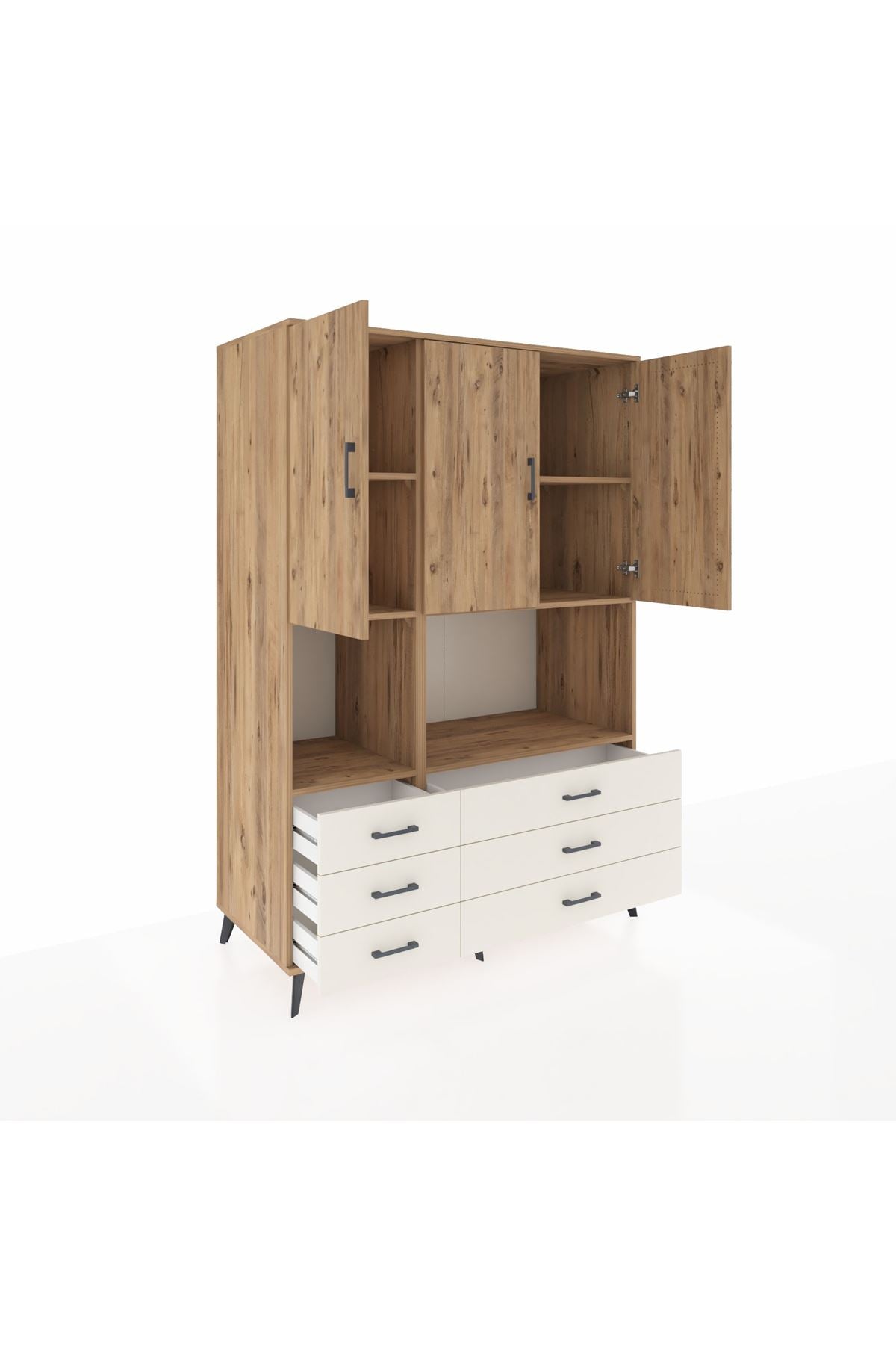 Kronos Dolap 6 Raflı 6 Çekmeceli 3 Kapaklı 132x59x195 Çam-Çam/Aytaşı