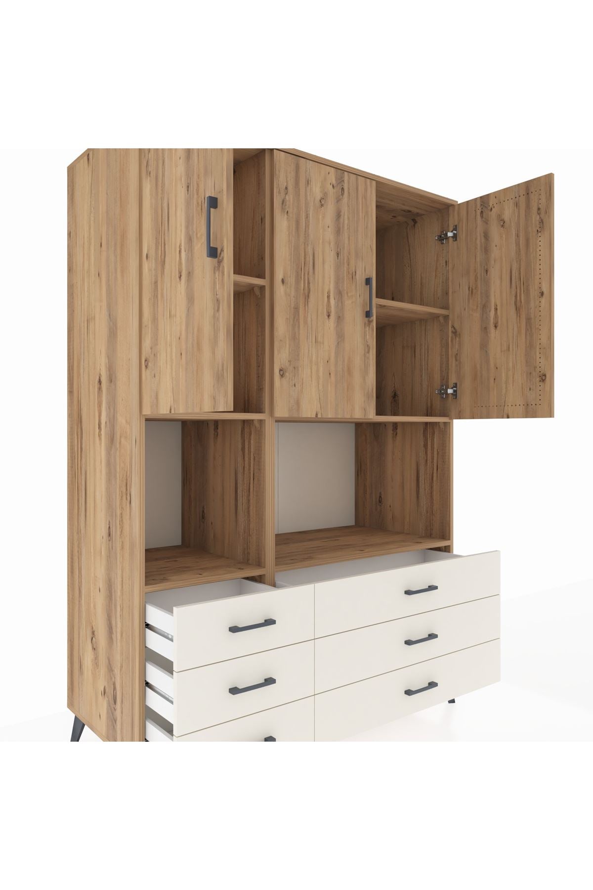 Kronos Dolap 6 Raflı 6 Çekmeceli 3 Kapaklı 132x59x195 Çam-Çam/Aytaşı