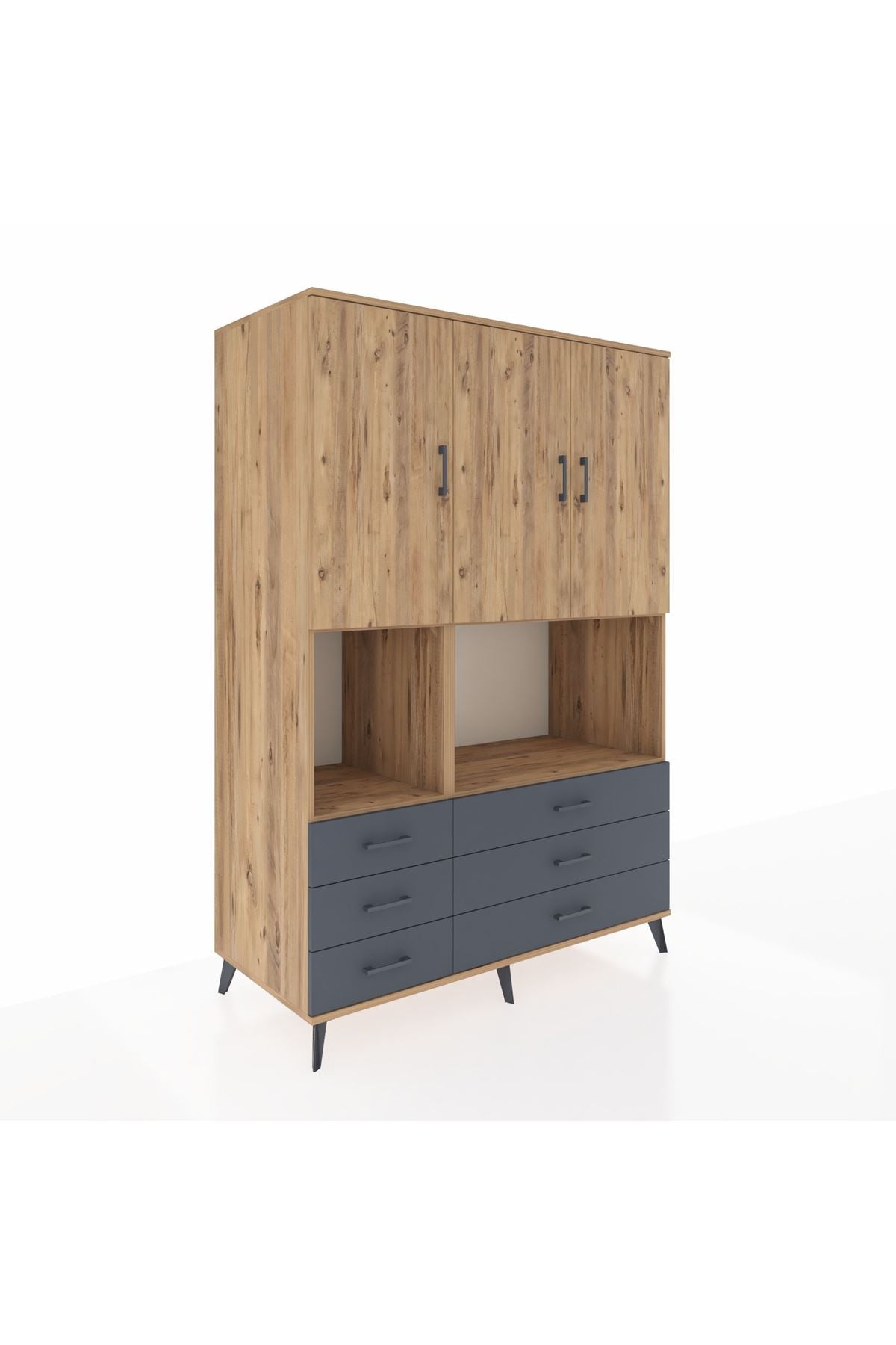 Kronos Dolap 6 Raflı 6 Çekmeceli 3 Kapaklı 132x59x195 Çam-Çam/Antrasit