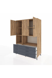 Kronos Dolap 6 Raflı 6 Çekmeceli 3 Kapaklı 132x59x195 Çam-Çam/Antrasit