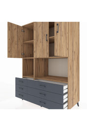 Kronos Dolap 6 Raflı 6 Çekmeceli 3 Kapaklı 132x59x195 Çam-Çam/Antrasit