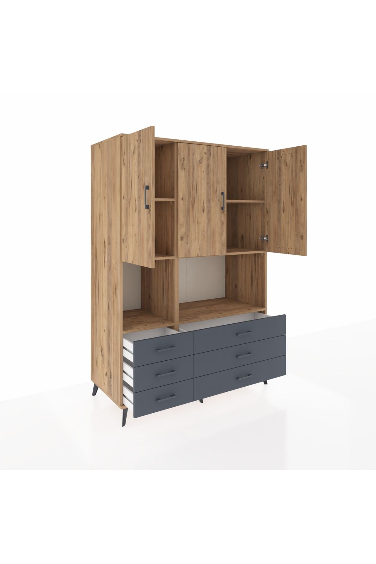 Kronos Dolap 6 Raflı 6 Çekmeceli 3 Kapaklı 132x59x195 Çam-Çam/Antrasit