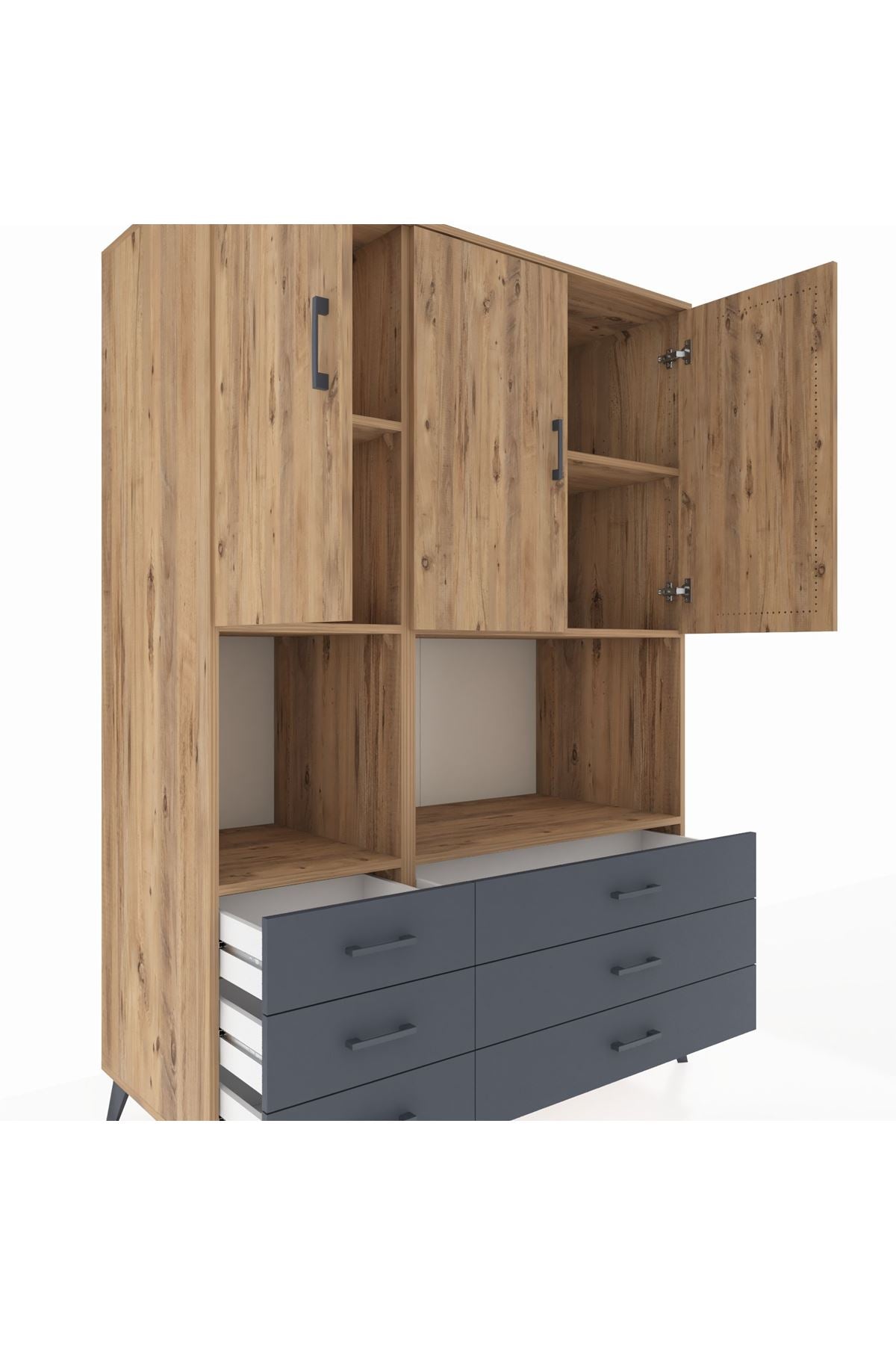 Kronos Dolap 6 Raflı 6 Çekmeceli 3 Kapaklı 132x59x195 Çam-Çam/Antrasit