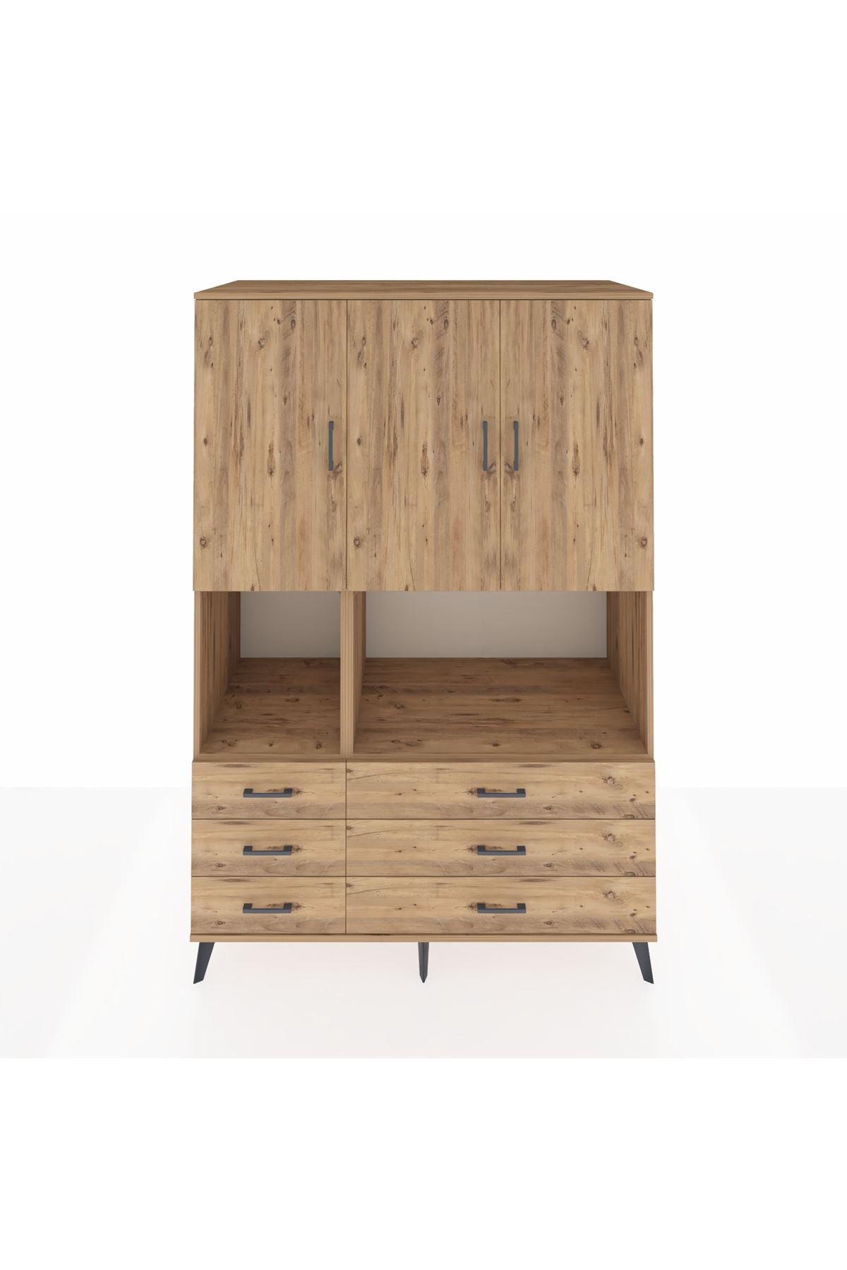 Kronos Dolap 6 Raflı 6 Çekmeceli 3 Kapaklı 132x59x195 Çam-Çam/Çam