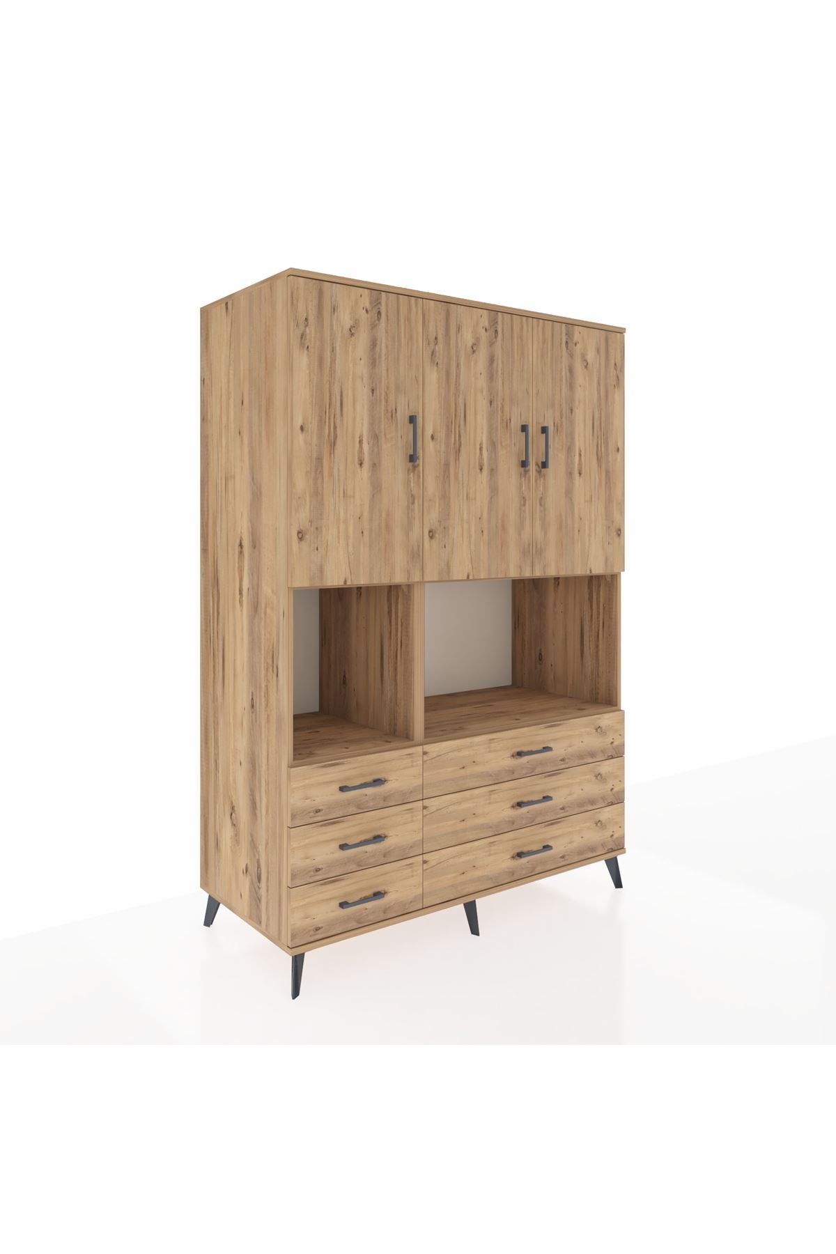 Kronos Dolap 6 Raflı 6 Çekmeceli 3 Kapaklı 132x59x195 Çam-Çam/Çam