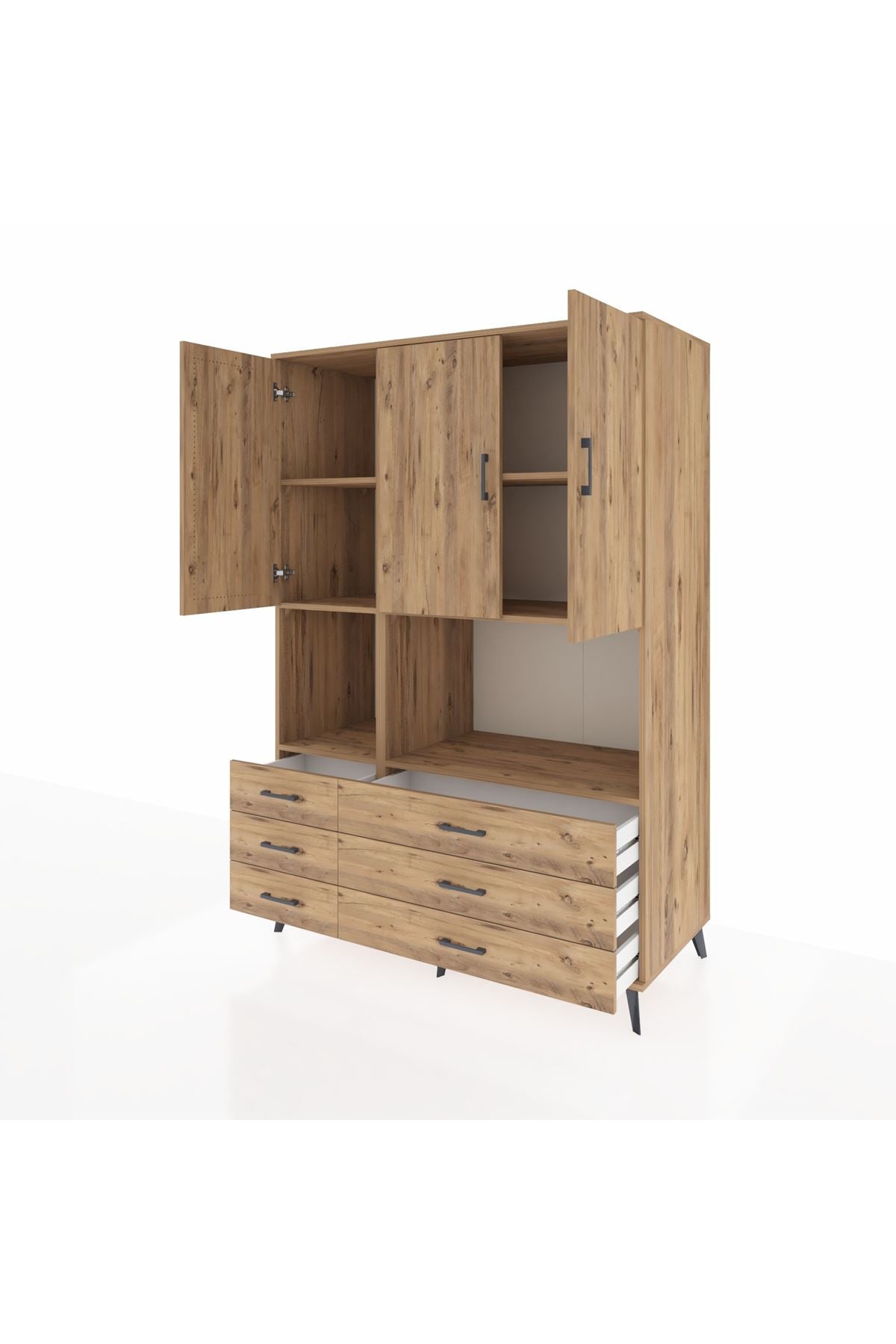 Kronos Dolap 6 Raflı 6 Çekmeceli 3 Kapaklı 132x59x195 Çam-Çam/Çam