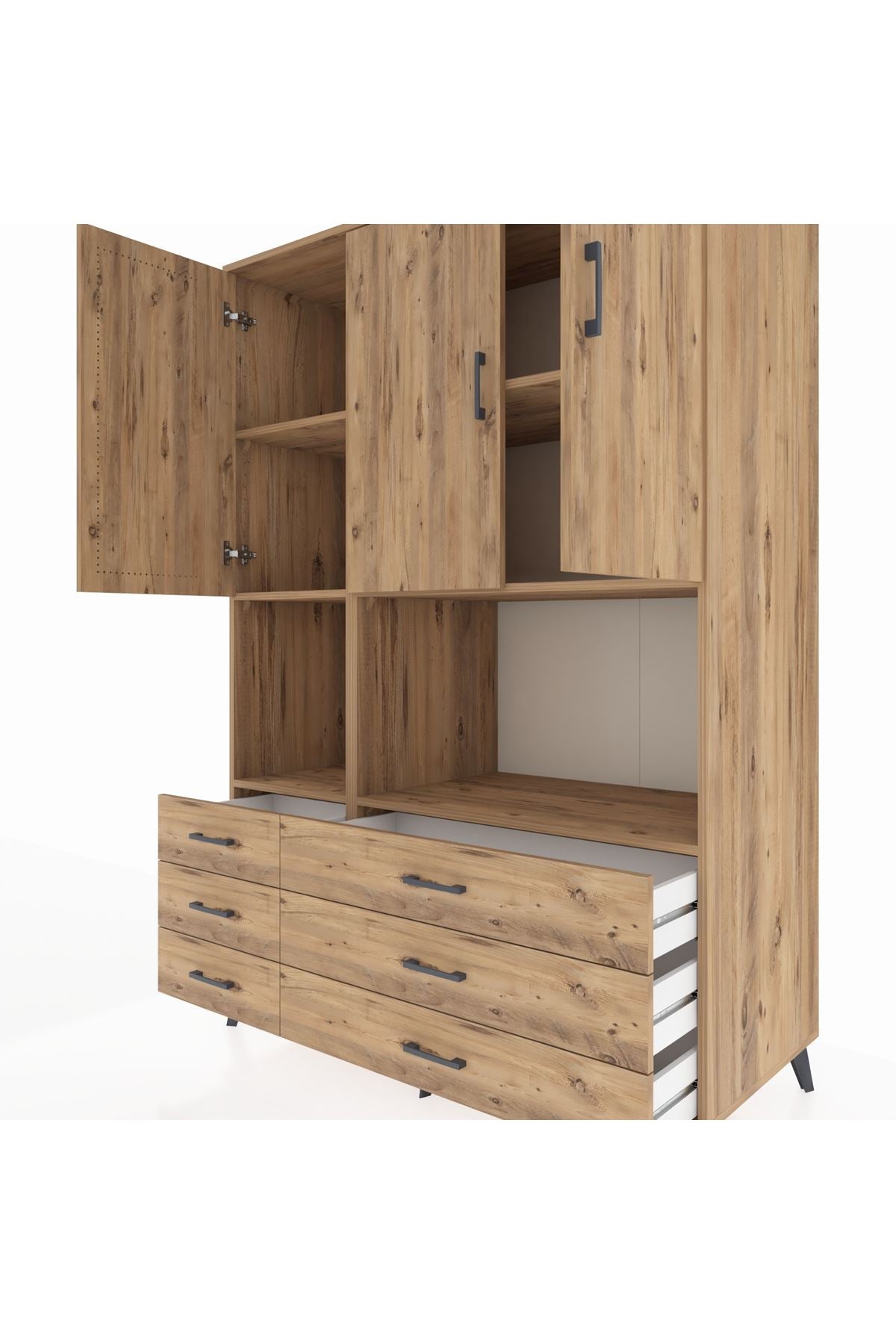 Kronos Dolap 6 Raflı 6 Çekmeceli 3 Kapaklı 132x59x195 Çam-Çam/Çam