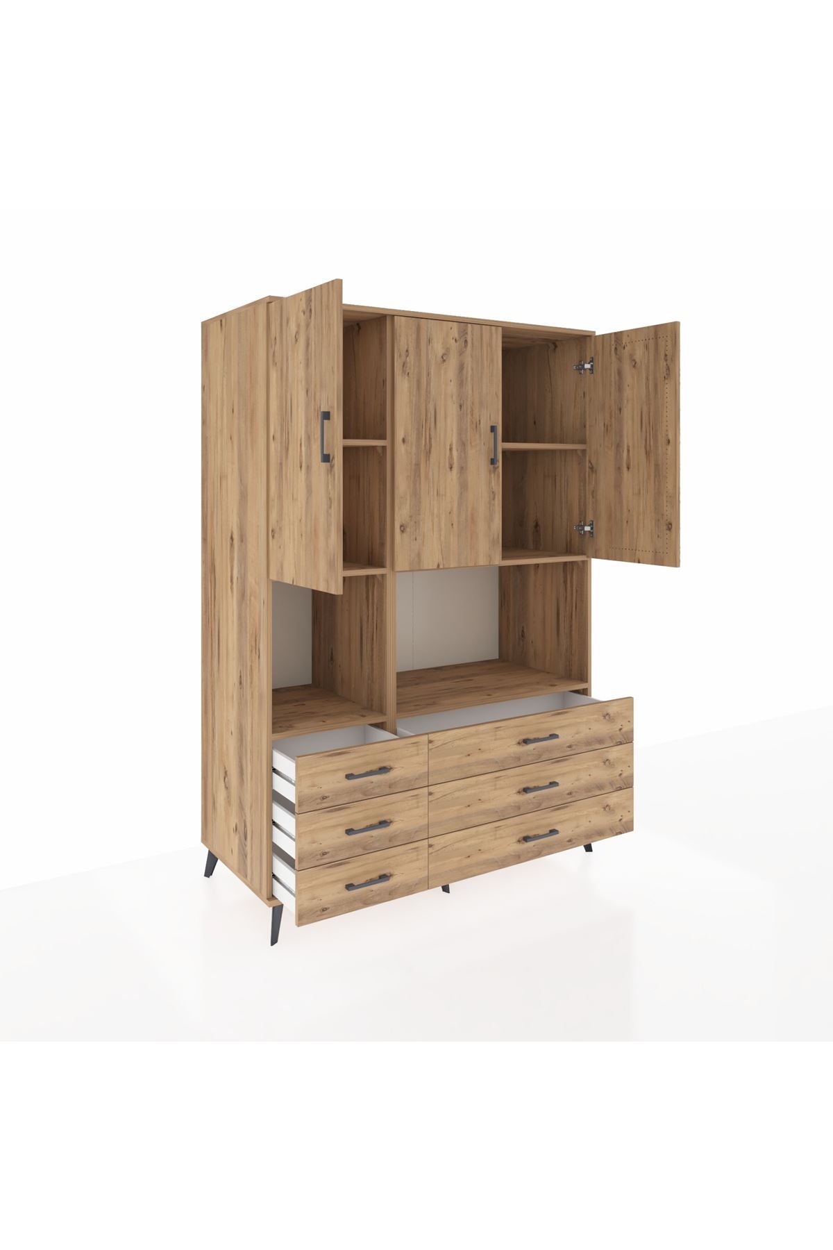 Kronos Dolap 6 Raflı 6 Çekmeceli 3 Kapaklı 132x59x195 Çam-Çam/Çam