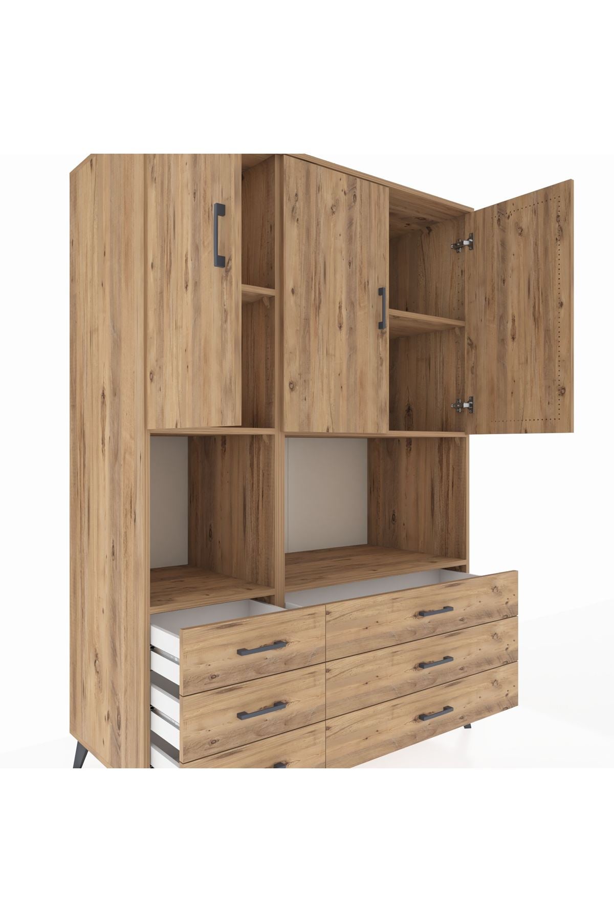 Kronos Dolap 6 Raflı 6 Çekmeceli 3 Kapaklı 132x59x195 Çam-Çam/Çam