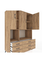 Kronos Dolap 6 Raflı 6 Çekmeceli 3 Kapaklı 132x59x195 Çam-Çam/Çam