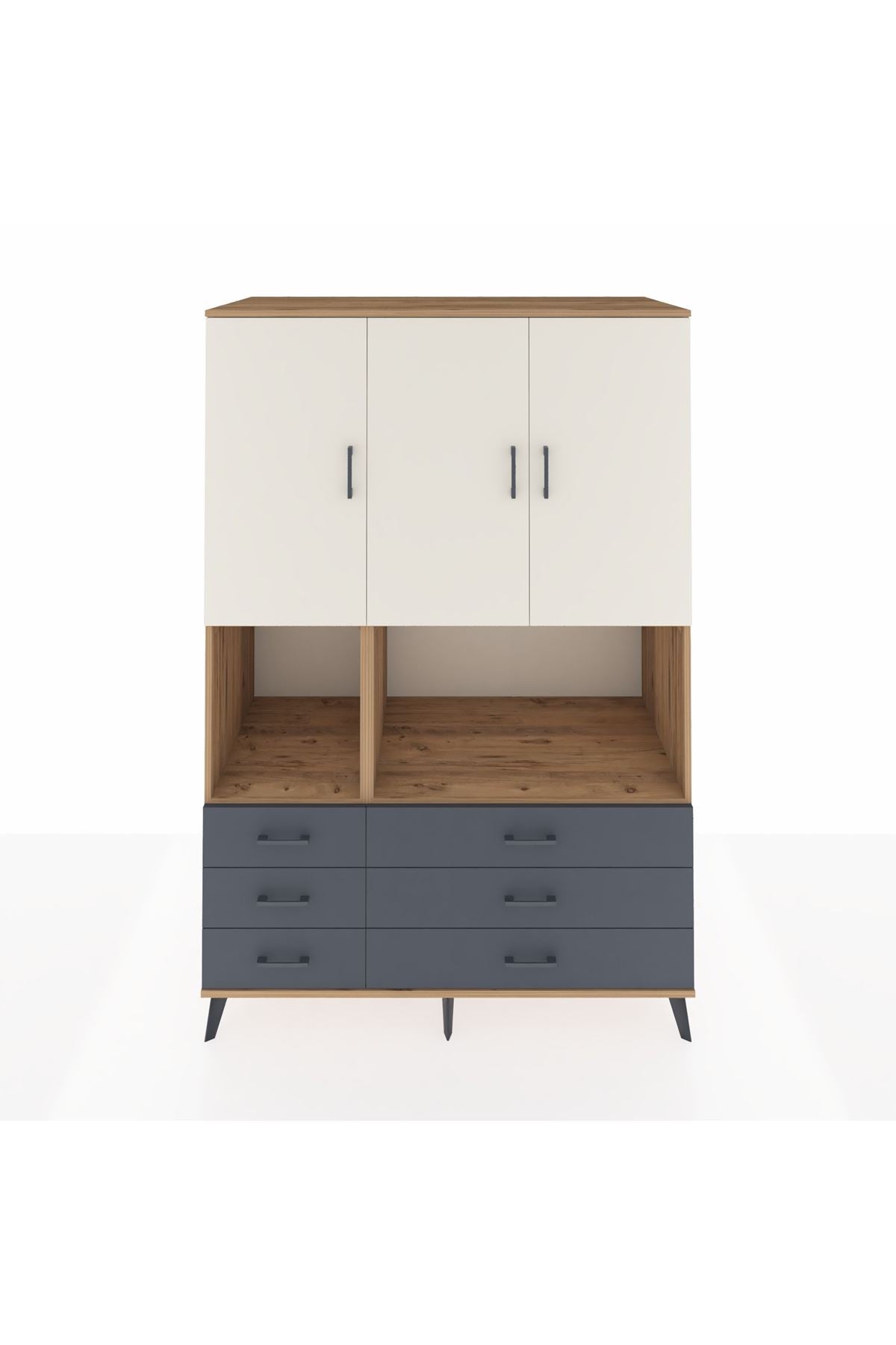 Kronos Dolap 6 Raflı 6 Çekmeceli 3 Kapaklı 132x59x195 Çam-Aytaşı/Antrasit