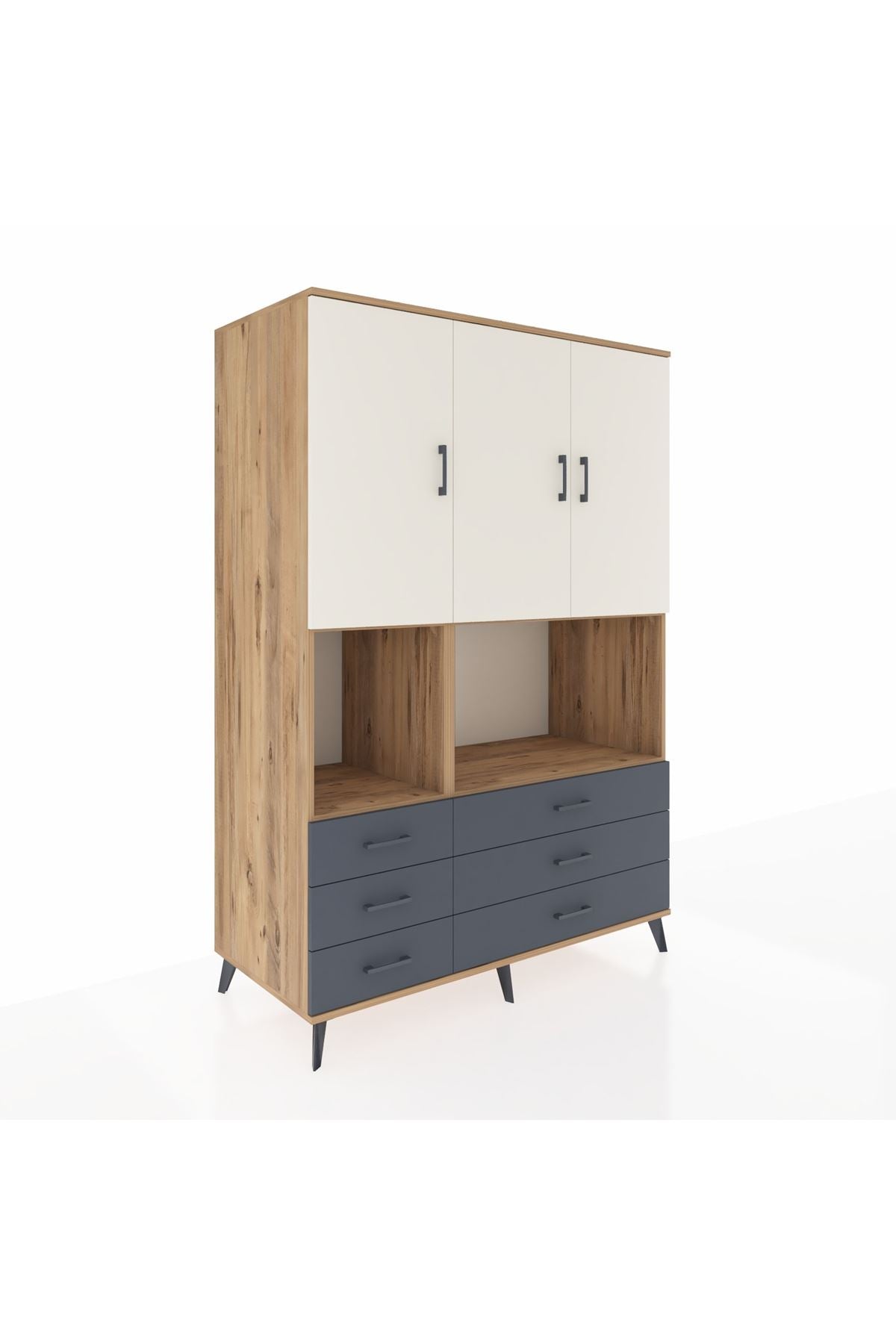 Kronos Dolap 6 Raflı 6 Çekmeceli 3 Kapaklı 132x59x195 Çam-Aytaşı/Antrasit