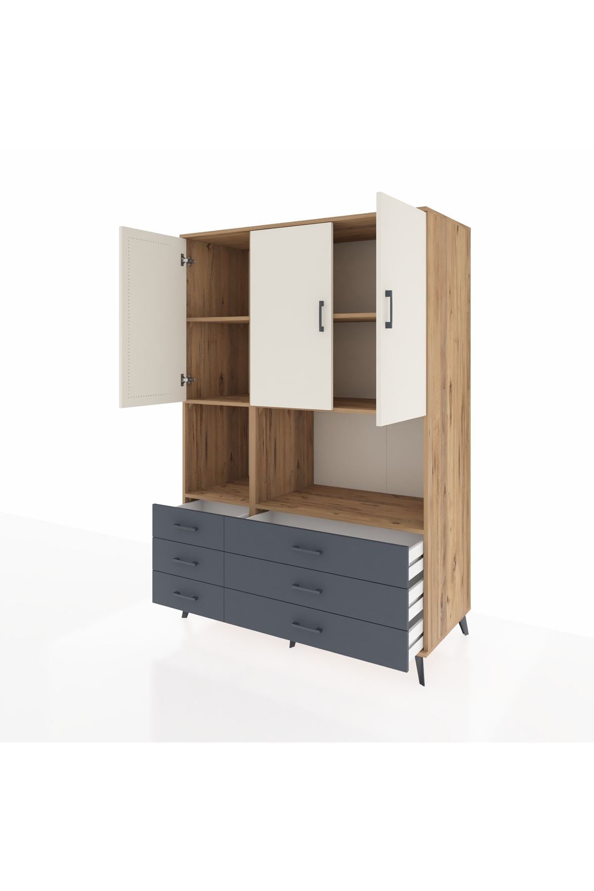 Kronos Dolap 6 Raflı 6 Çekmeceli 3 Kapaklı 132x59x195 Çam-Aytaşı/Antrasit