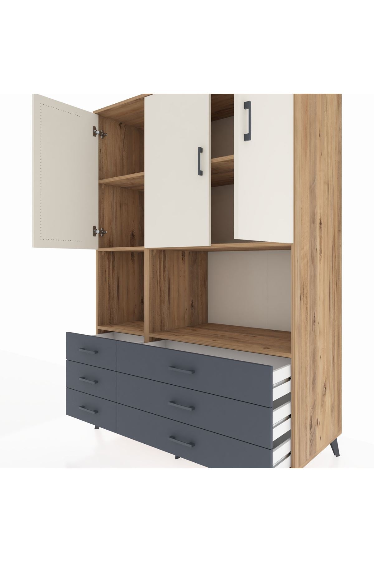 Kronos Dolap 6 Raflı 6 Çekmeceli 3 Kapaklı 132x59x195 Çam-Aytaşı/Antrasit