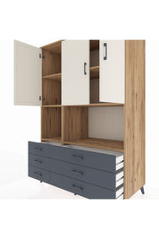 Kronos Dolap 6 Raflı 6 Çekmeceli 3 Kapaklı 132x59x195 Çam-Aytaşı/Antrasit