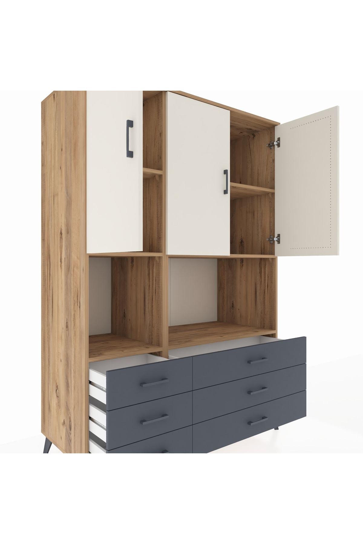 Kronos Dolap 6 Raflı 6 Çekmeceli 3 Kapaklı 132x59x195 Çam-Aytaşı/Antrasit