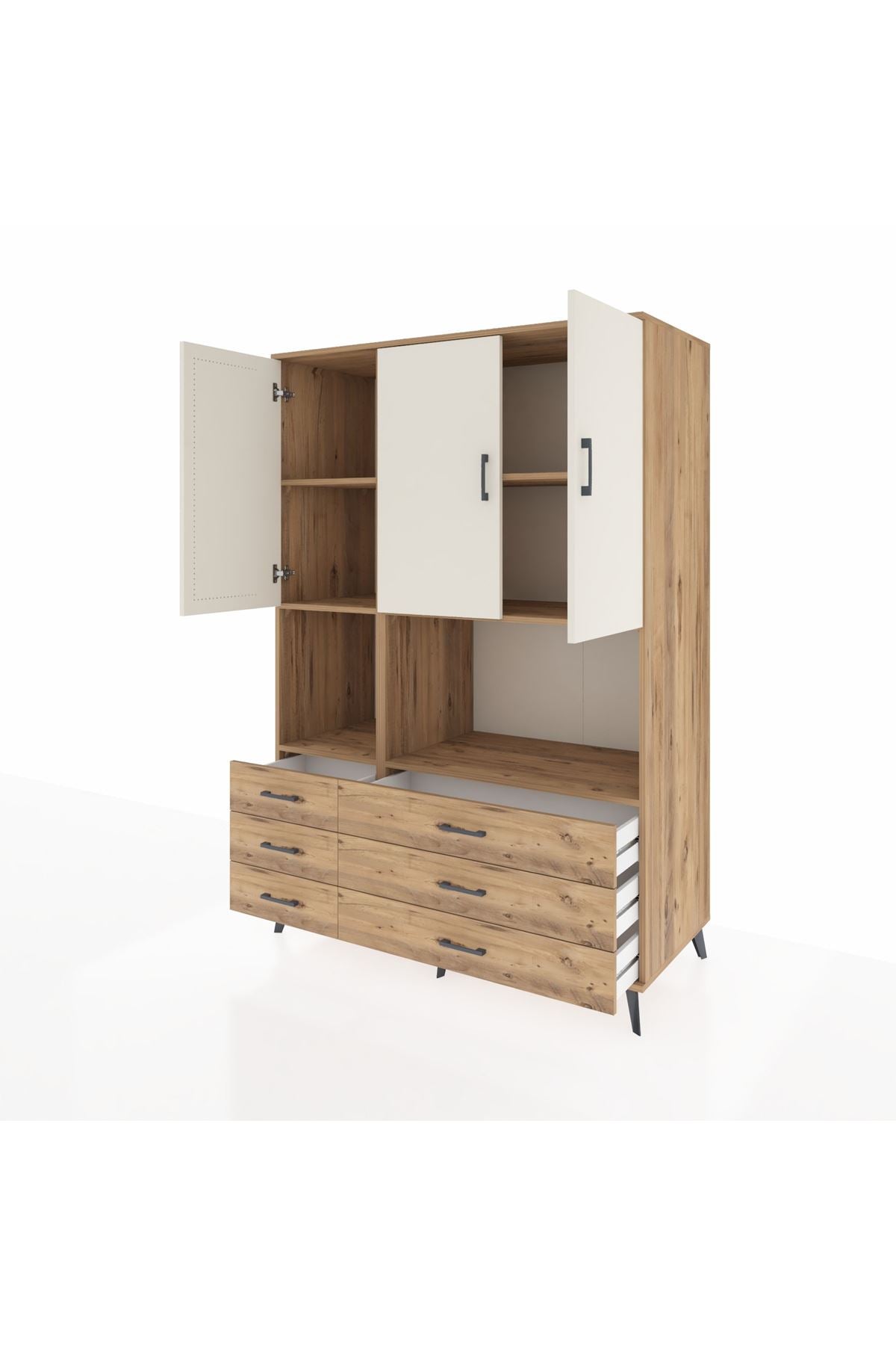 Kronos Dolap 6 Raflı 6 Çekmeceli 3 Kapaklı 132x59x195 Çam-Aytaşı/Çam