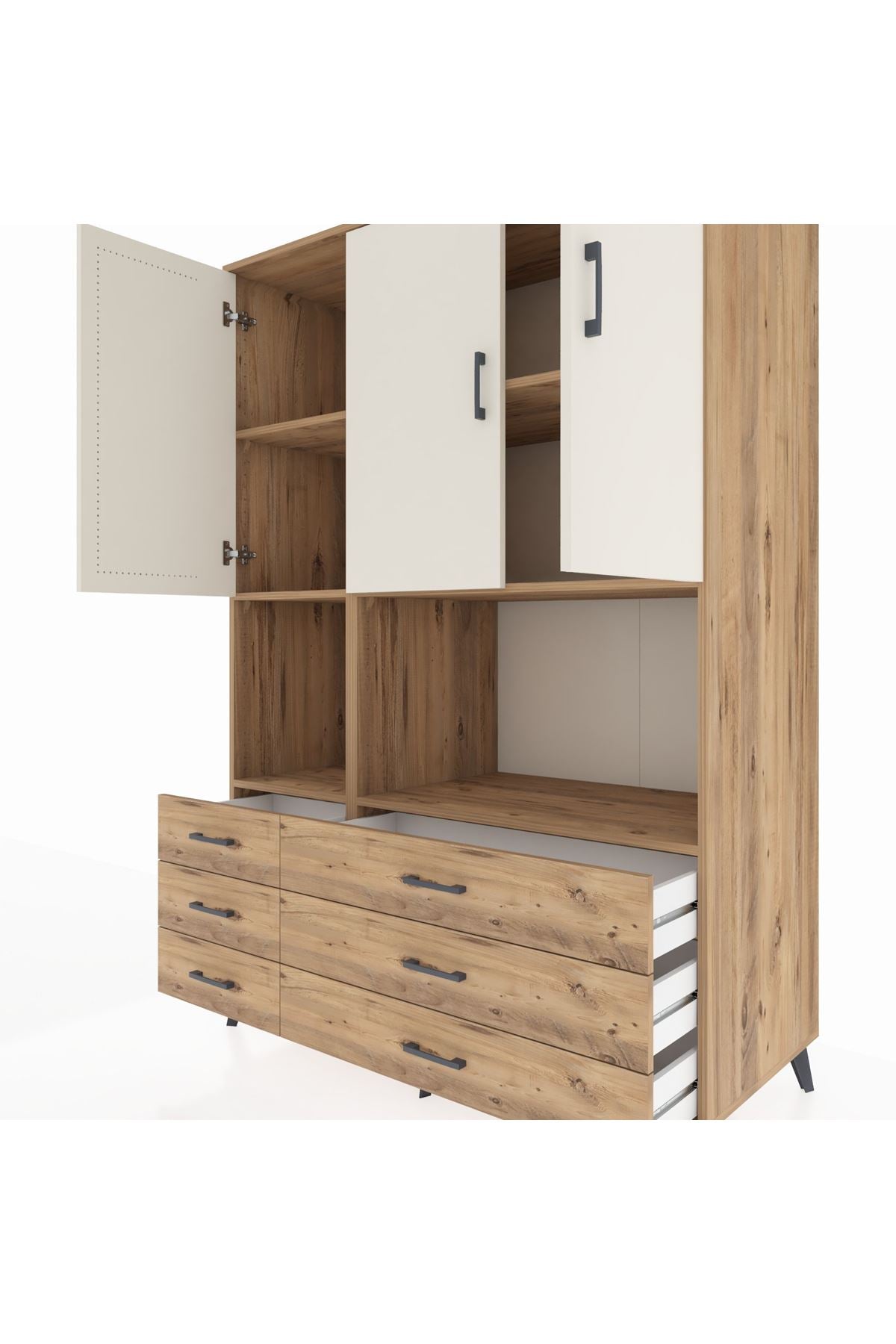 Kronos Dolap 6 Raflı 6 Çekmeceli 3 Kapaklı 132x59x195 Çam-Aytaşı/Çam