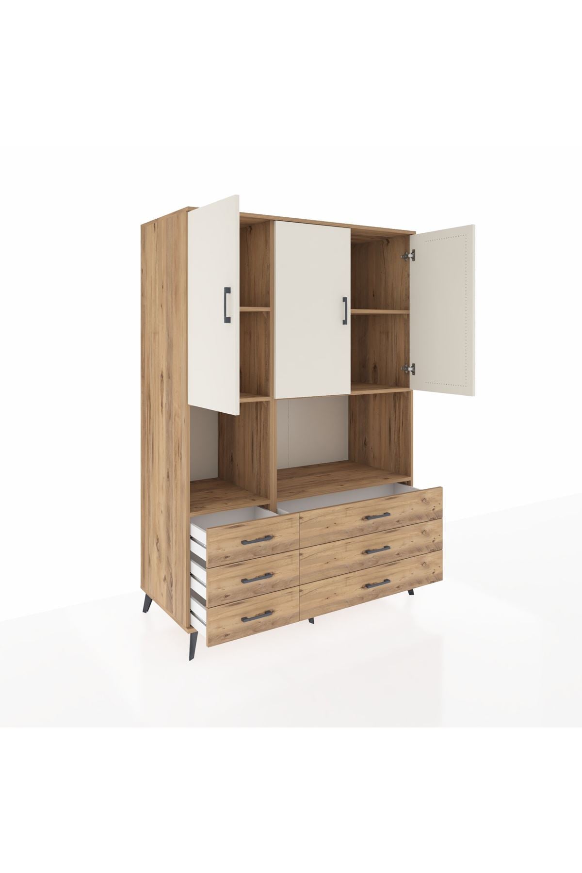 Kronos Dolap 6 Raflı 6 Çekmeceli 3 Kapaklı 132x59x195 Çam-Aytaşı/Çam