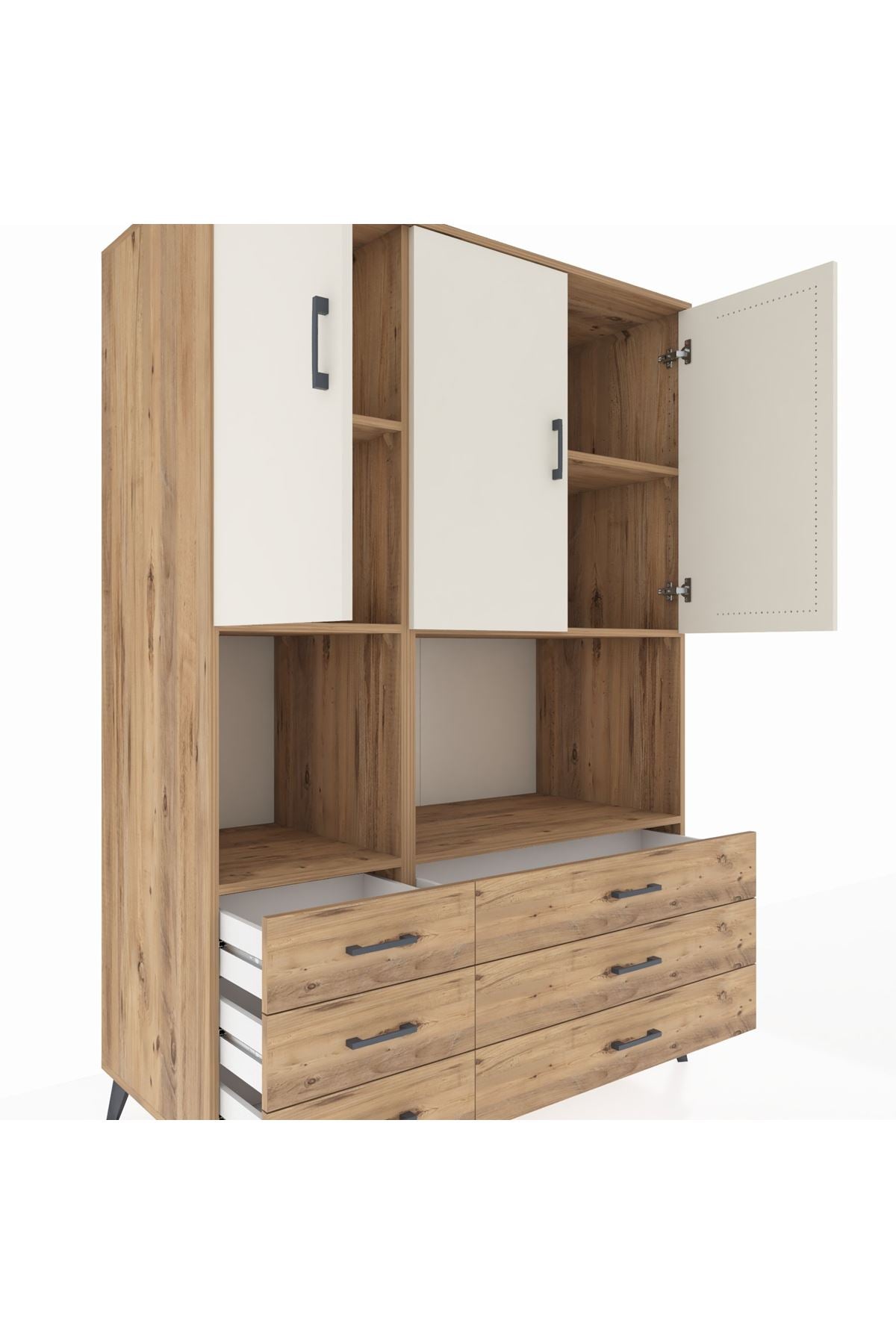 Kronos Dolap 6 Raflı 6 Çekmeceli 3 Kapaklı 132x59x195 Çam-Aytaşı/Çam