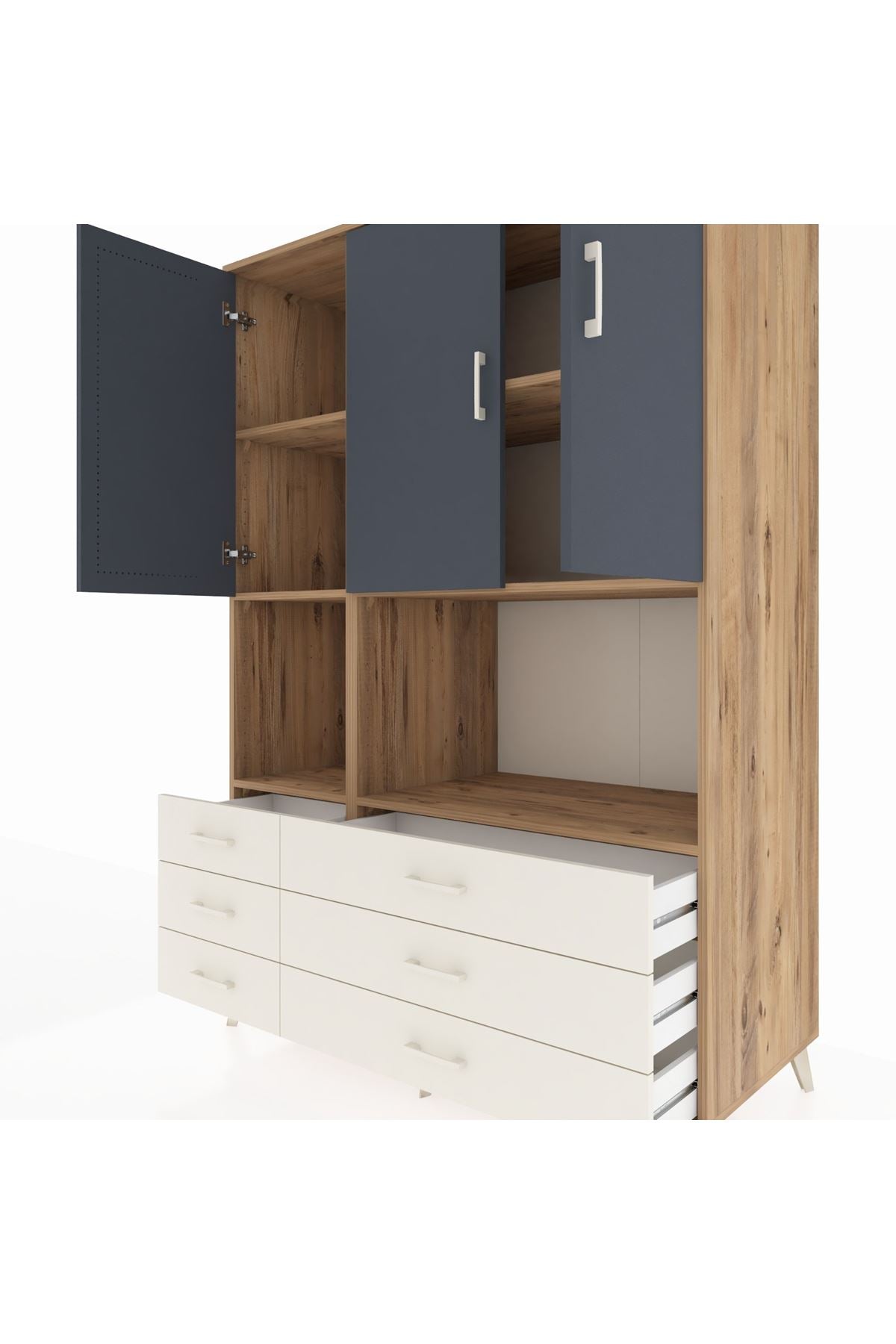 Kronos Dolap 6 Raflı 6 Çekmeceli 3 Kapaklı 132x59x195 Çam-Antrasit/Aytaşı