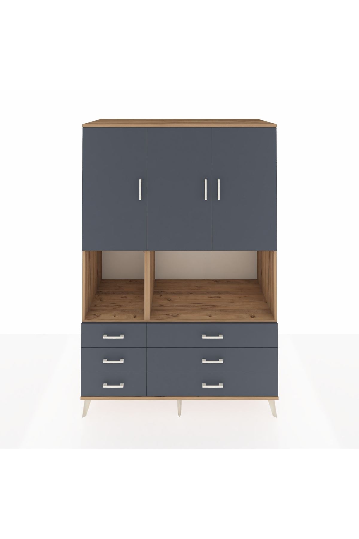 Kronos Dolap 6 Raflı 6 Çekmeceli 3 Kapaklı 132x59x195 Çam-Antrasit/Antrasit