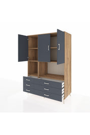 Kronos Dolap 6 Raflı 6 Çekmeceli 3 Kapaklı 132x59x195 Çam-Antrasit/Antrasit