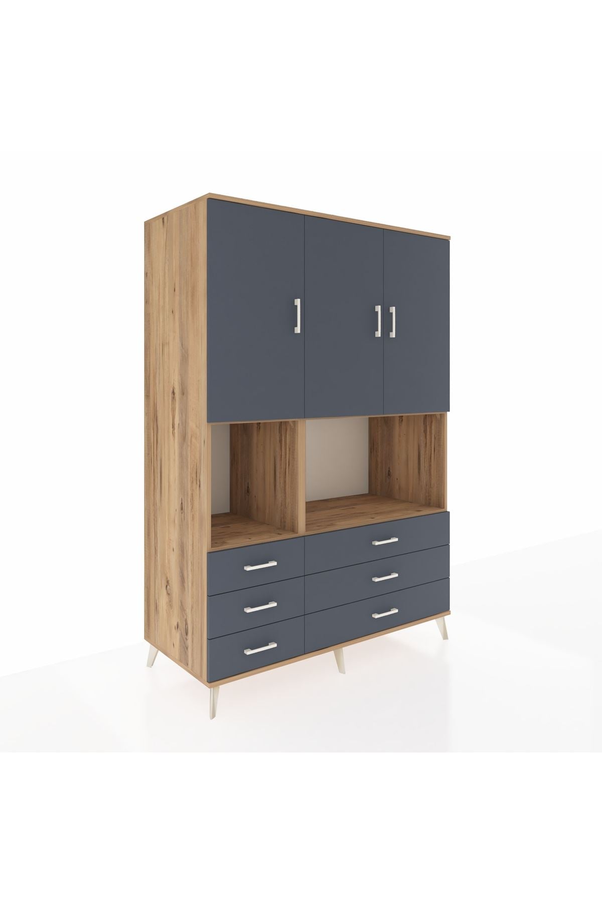 Kronos Dolap 6 Raflı 6 Çekmeceli 3 Kapaklı 132x59x195 Çam-Antrasit/Antrasit