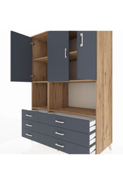 Kronos Dolap 6 Raflı 6 Çekmeceli 3 Kapaklı 132x59x195 Çam-Antrasit/Antrasit