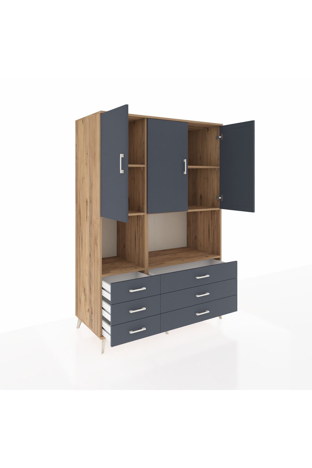 Kronos Dolap 6 Raflı 6 Çekmeceli 3 Kapaklı 132x59x195 Çam-Antrasit/Antrasit