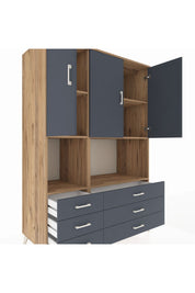 Kronos Dolap 6 Raflı 6 Çekmeceli 3 Kapaklı 132x59x195 Çam-Antrasit/Antrasit