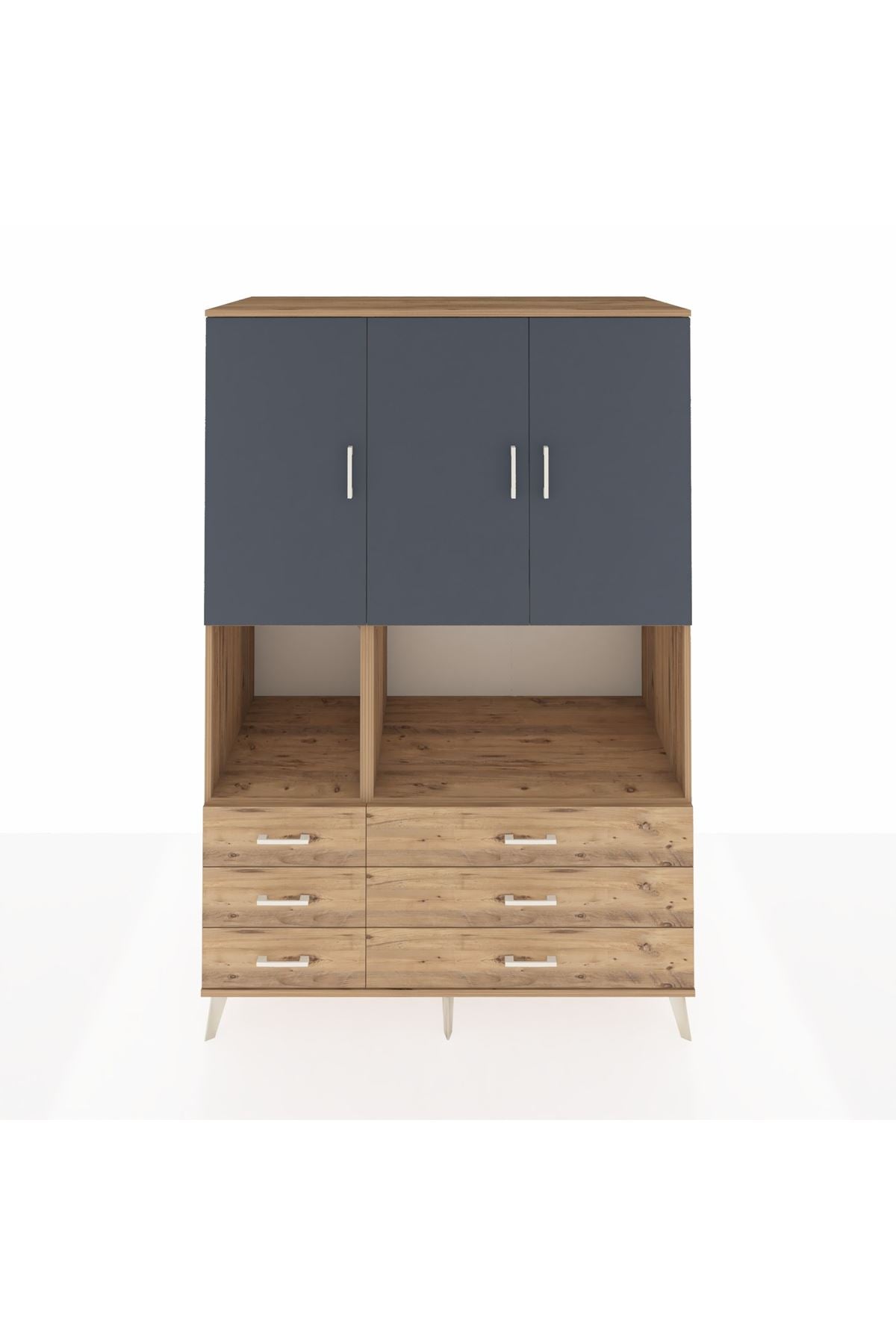 Kronos Dolap 6 Raflı 6 Çekmeceli 3 Kapaklı 132x59x195 Çam-Antrasit/Çam