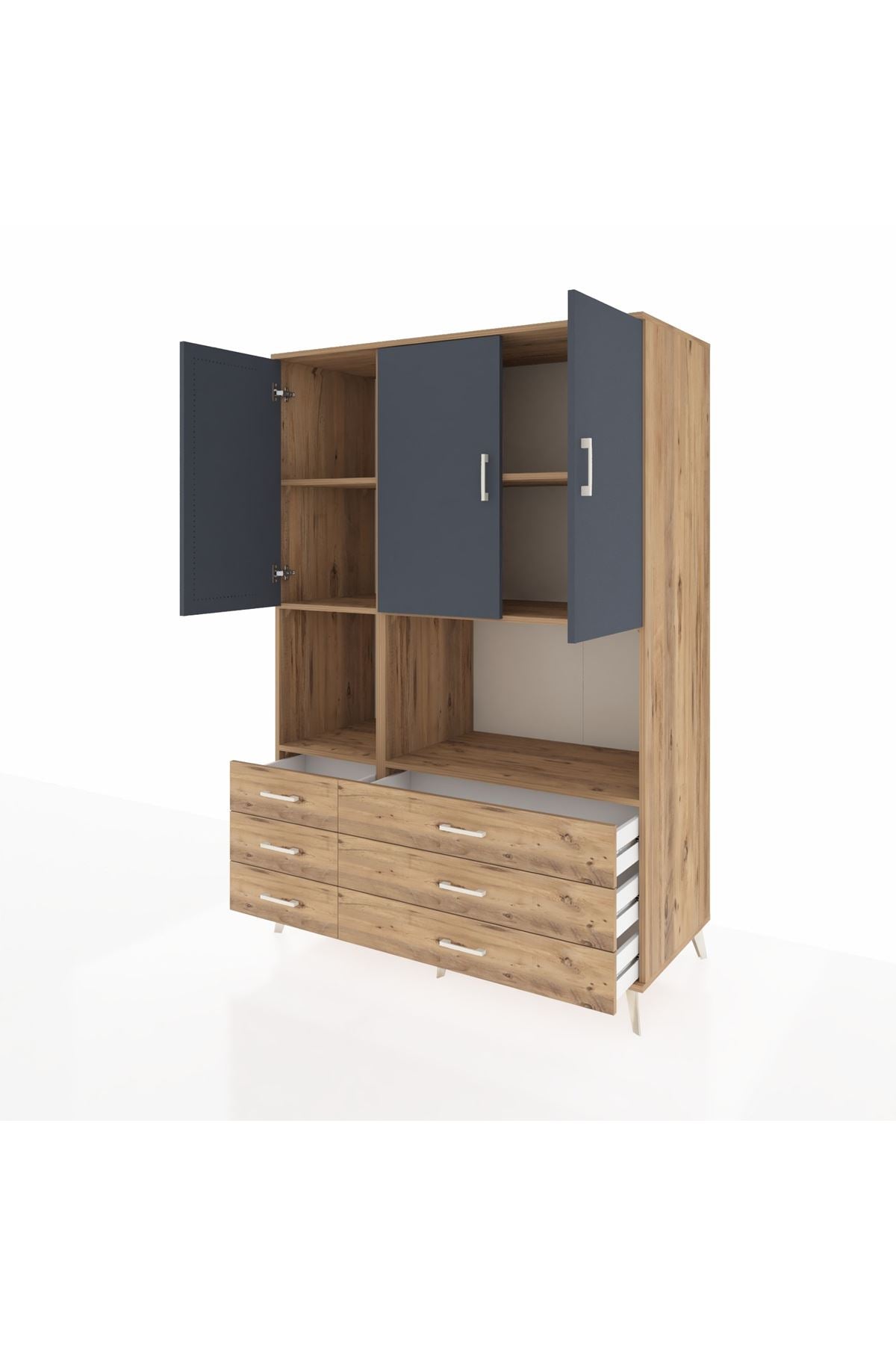 Kronos Dolap 6 Raflı 6 Çekmeceli 3 Kapaklı 132x59x195 Çam-Antrasit/Çam