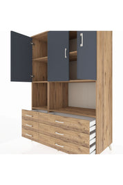 Kronos Dolap 6 Raflı 6 Çekmeceli 3 Kapaklı 132x59x195 Çam-Antrasit/Çam