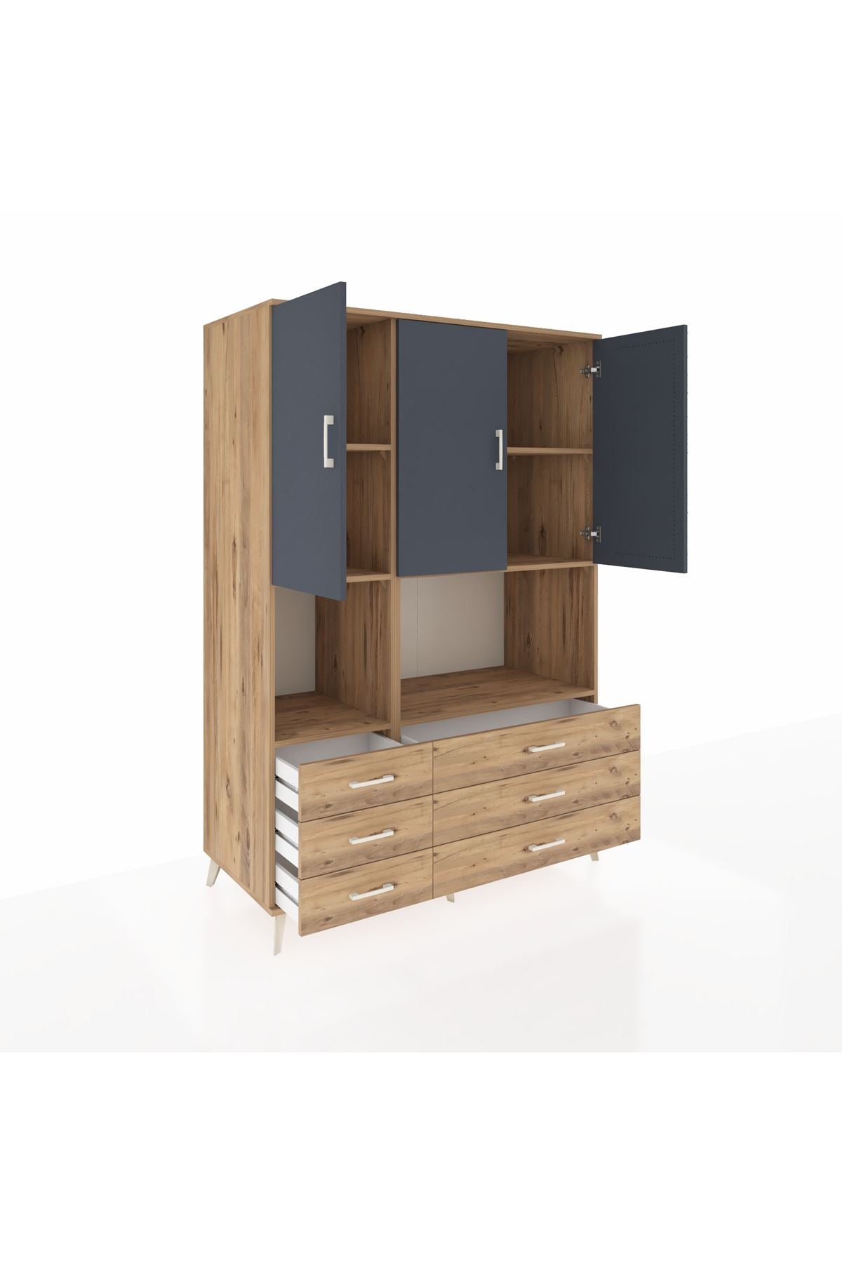 Kronos Dolap 6 Raflı 6 Çekmeceli 3 Kapaklı 132x59x195 Çam-Antrasit/Çam