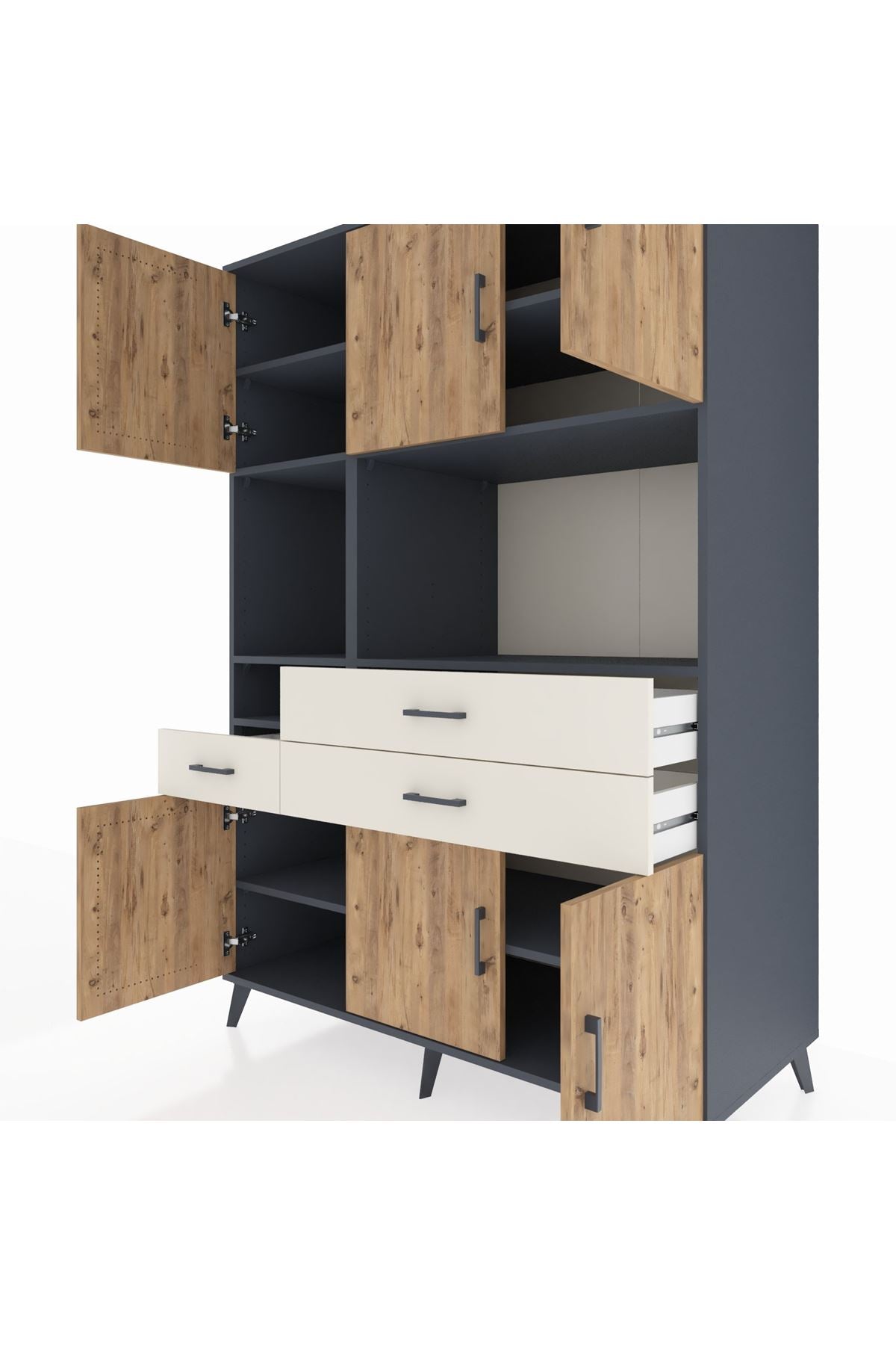 Kronos Dolap 9 Raflı 3 Çekmeceli 6 Kapaklı 132x59x195 Antrasit-Çam/Aytaşı