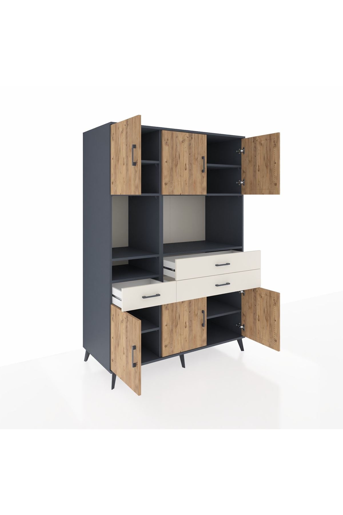 Kronos Dolap 9 Raflı 3 Çekmeceli 6 Kapaklı 132x59x195 Antrasit-Çam/Aytaşı