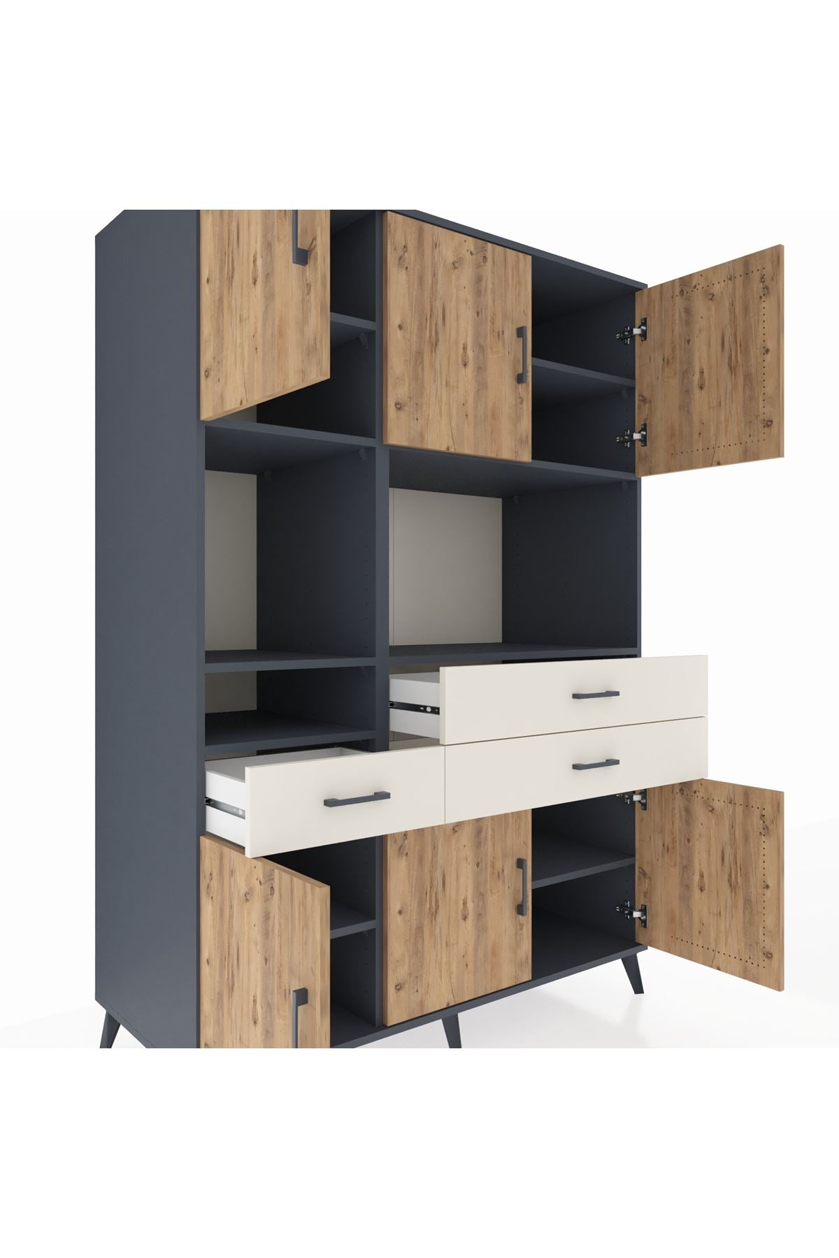 Kronos Dolap 9 Raflı 3 Çekmeceli 6 Kapaklı 132x59x195 Antrasit-Çam/Aytaşı