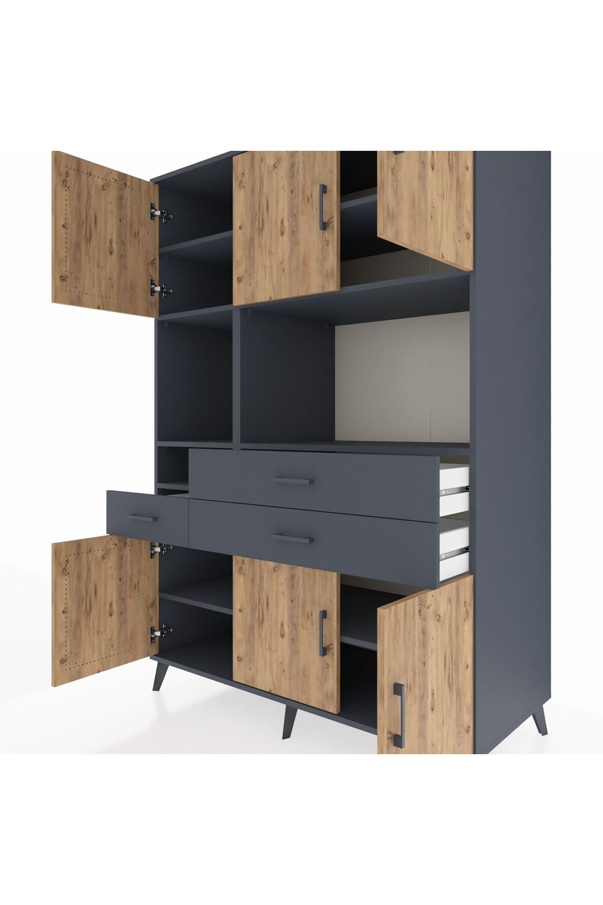 Kronos Dolap 9 Raflı 3 Çekmeceli 6 Kapaklı 132x59x195 Antrasit-Çam/Antrasit