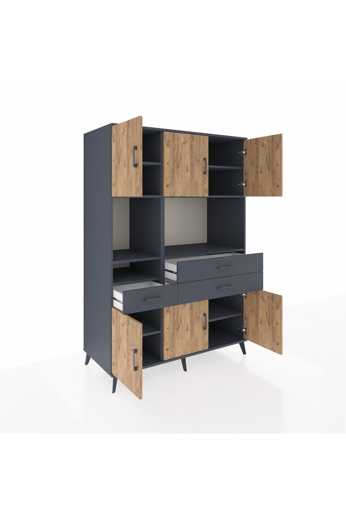 Kronos Dolap 9 Raflı 3 Çekmeceli 6 Kapaklı 132x59x195 Antrasit-Çam/Antrasit