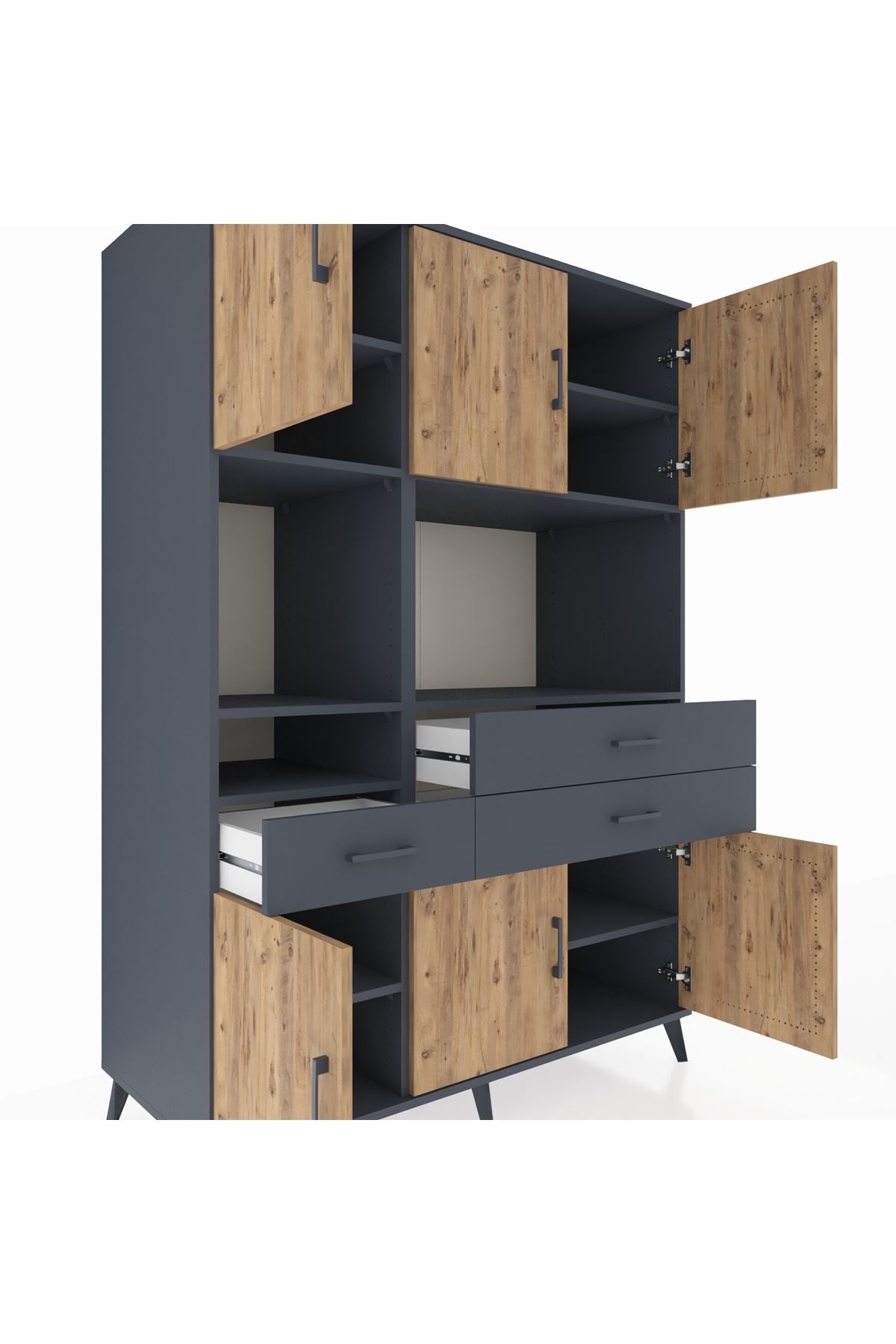 Kronos Dolap 9 Raflı 3 Çekmeceli 6 Kapaklı 132x59x195 Antrasit-Çam/Antrasit