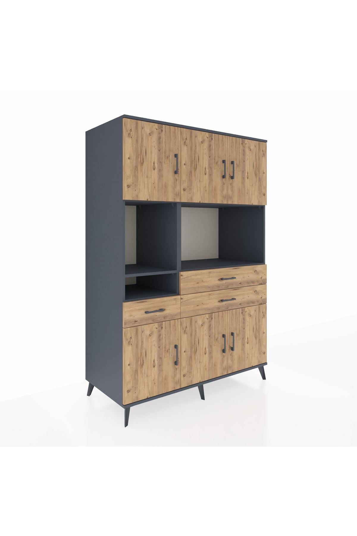 Kronos Dolap 9 Raflı 3 Çekmeceli 6 Kapaklı 132x59x195 Antrasit-Çam/Çam
