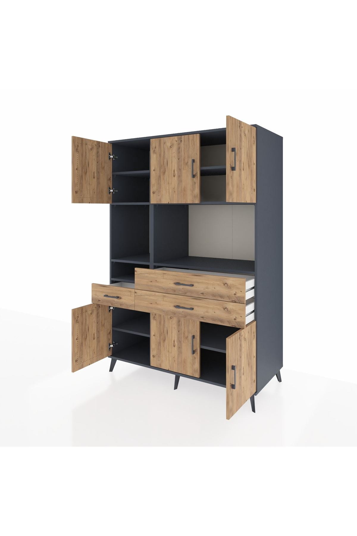 Kronos Dolap 9 Raflı 3 Çekmeceli 6 Kapaklı 132x59x195 Antrasit-Çam/Çam