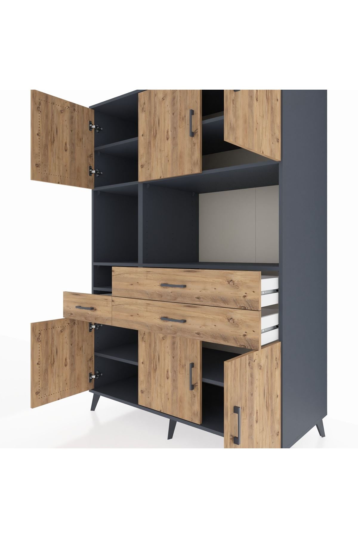 Kronos Dolap 9 Raflı 3 Çekmeceli 6 Kapaklı 132x59x195 Antrasit-Çam/Çam