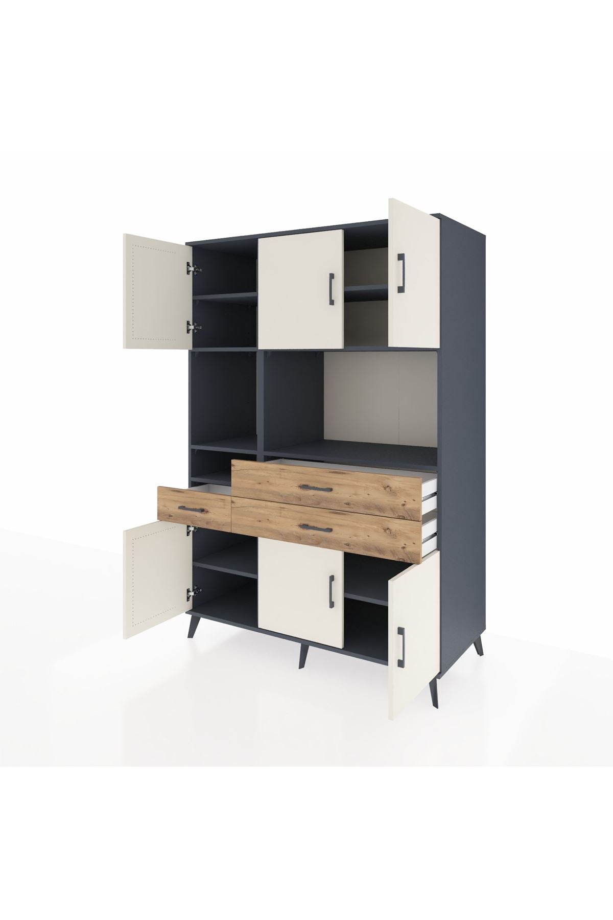 Kronos Dolap 9 Raflı 3 Çekmeceli 6 Kapaklı 132x59x195 Antrasit-Aytaşı/Çam